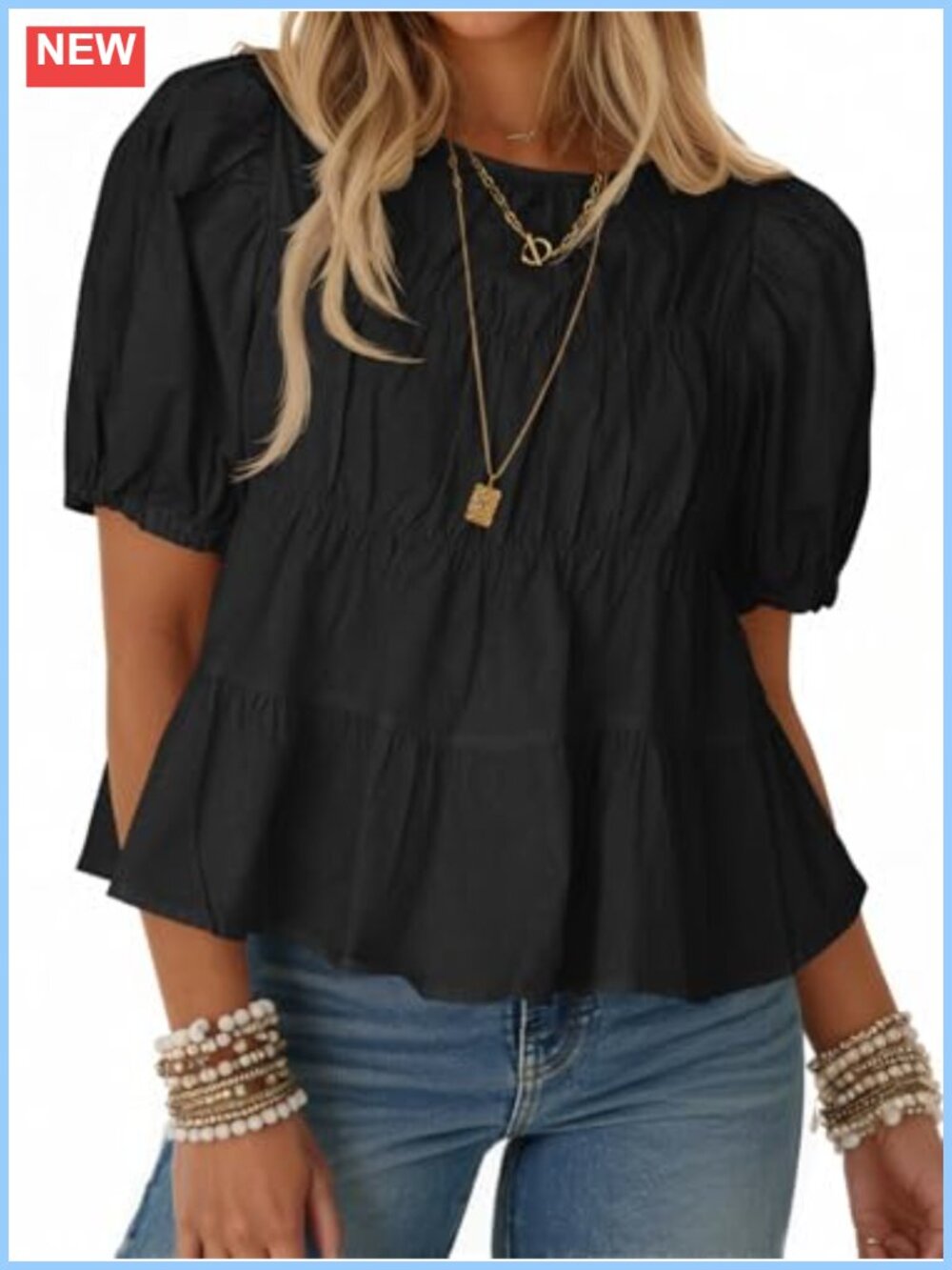 Womens Puff Sleeve Peplum Babydoll Top Cotton Summer Blouse Casual Tee